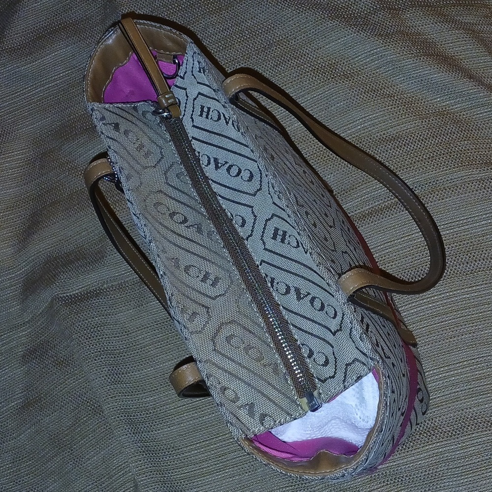 Authentic Coach Signature Brown Classic Logo and Pink Stripe Tote - Picture 8 of 11